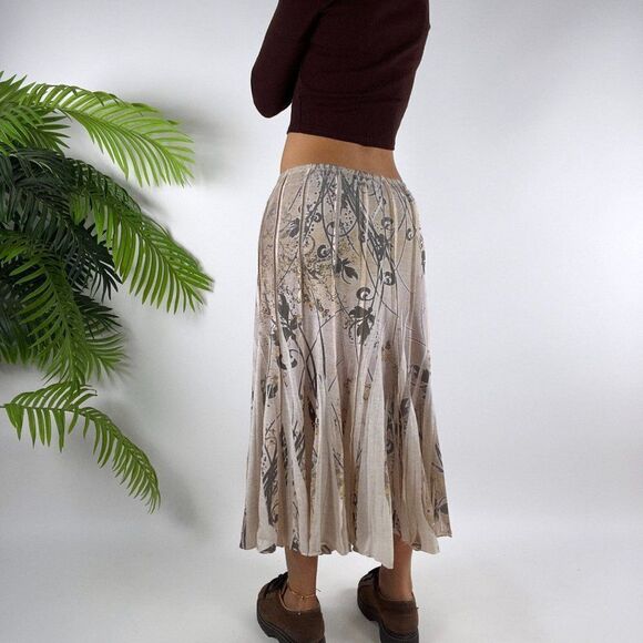 Vintage Beige Floral Fairy Grunge Bohemian Low Rise Hippie Midi Skirt / XL - Picture 2 of 4
